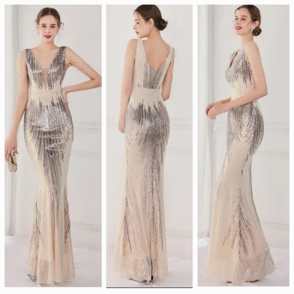 Silver/Gray Striped Print, V Neck, Backless, Sleeveless, Beaded, Sequined Gown - Picture 2 of 16